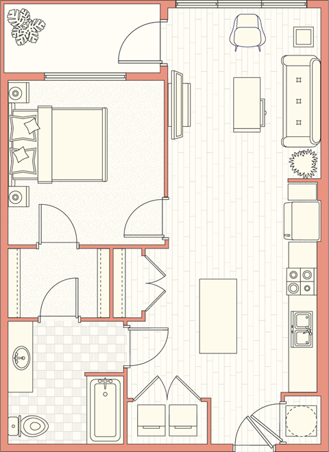 Floor plan for 1 bed, 1 bath, 731 sqft